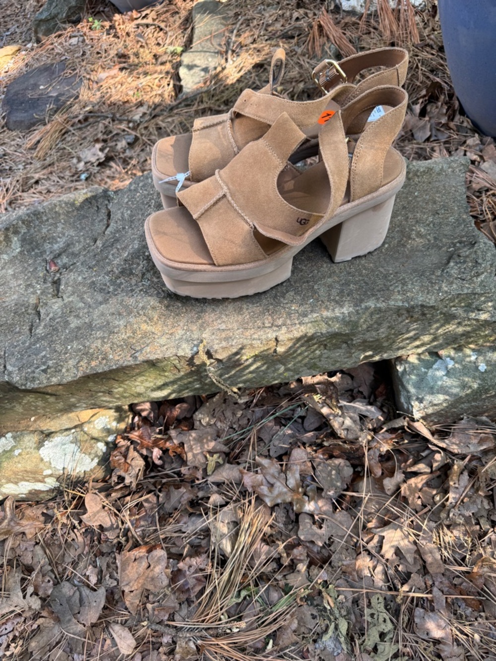 UGG Tan Suede Platform Sandals with Chunky Heel